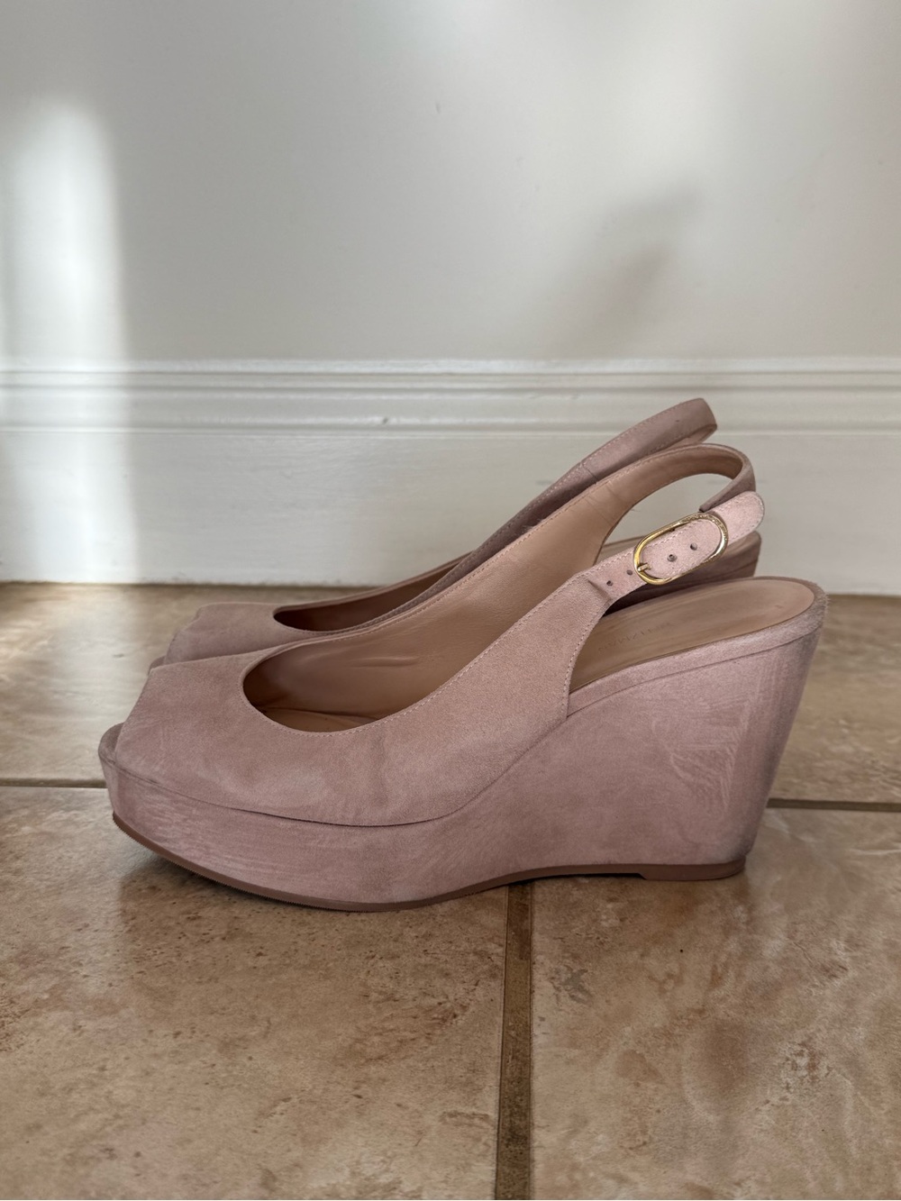 Stuart Weitzman Pink Suede Wedge Slingback Peep-Toe Sandals